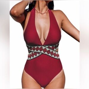 Cupshe 💋 Red Deep V Halter One Piece Swimsuit Textured Cutout Size M